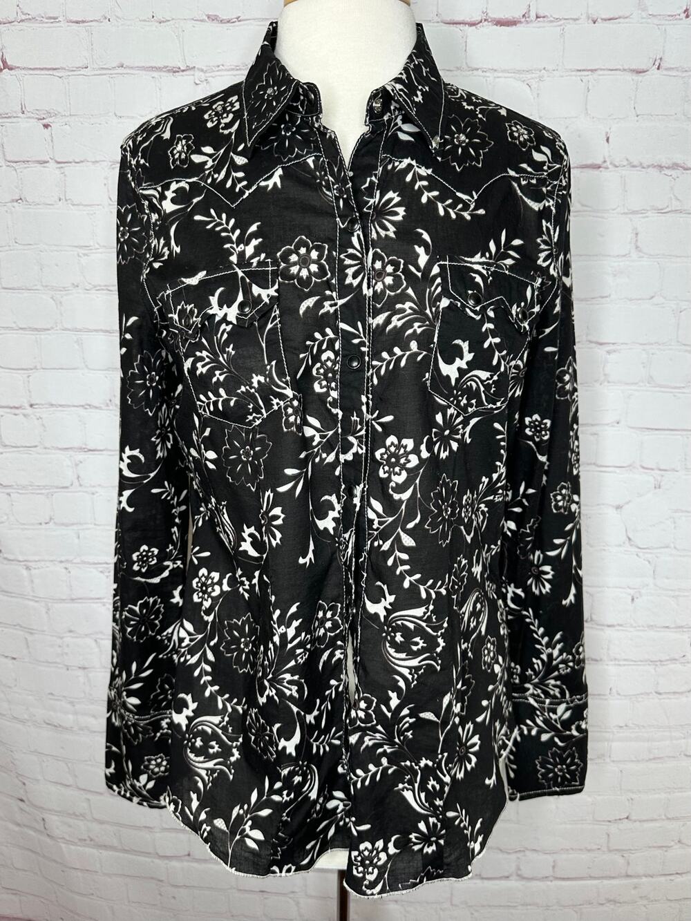 100% Cotton Stetson Black White Rhinestone Western Shirts Women's Large Cowgirl